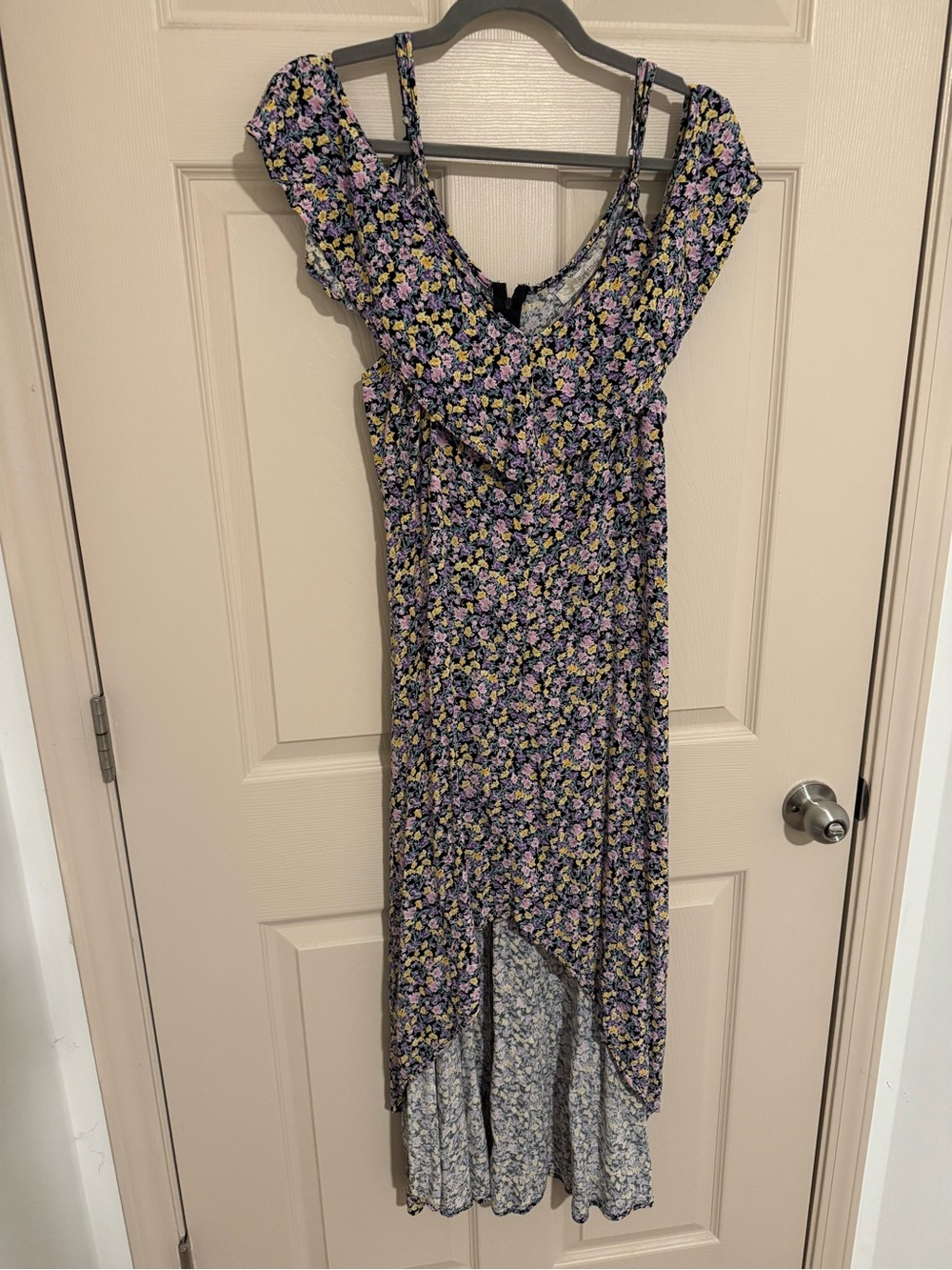 Rewind Floral High-Low Dress in Black with Purple, Pink,& Yellow